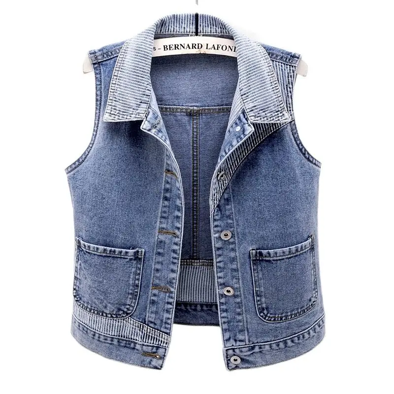 

Women Denim Vests Waistcoat Striped Splicing Big Pocket Short Jeans Sleeveless Female Jacket Stripe Splice Ladies Tops Cowboy