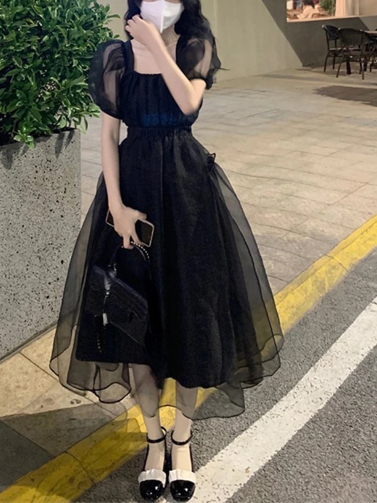 

Vintage Black One Piece Dress Korean Short Sleeve Elegant Midi Dress Woman Party 2022 Summer Slim Casual Sexy Backless Dress
