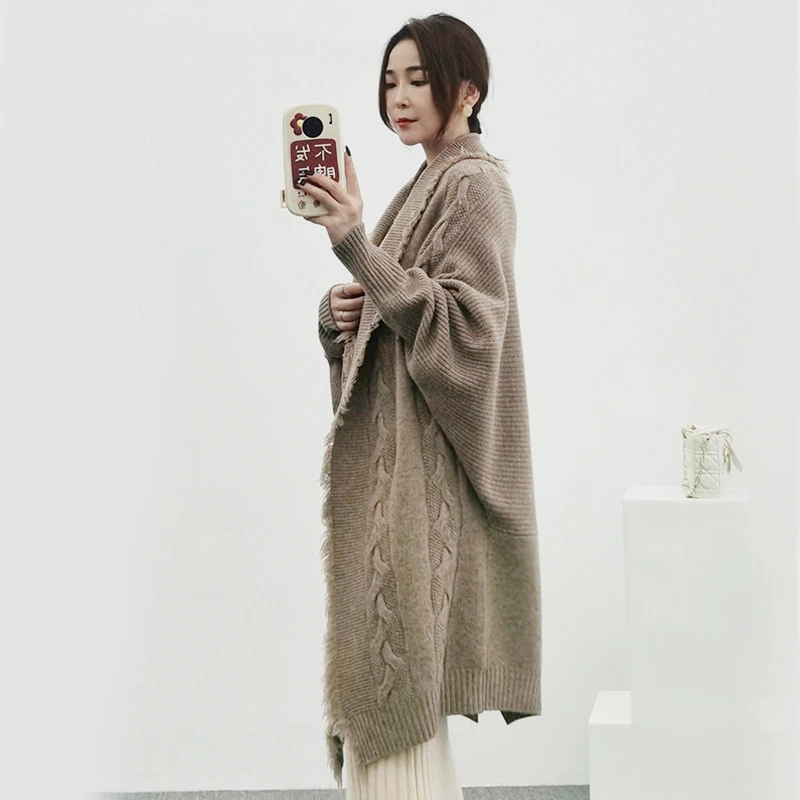 Женский длинный шерстяной кардиган с кисточками и рукавом летучая мышь Летучая