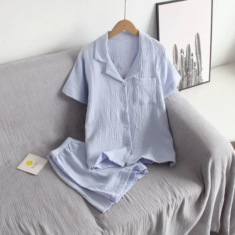 2023 Japanese New Summer Women's Pajama Set 100% Cotton Crepe Short Sleeve Shorts Two Piece Solid Color Simple Home Furnishing