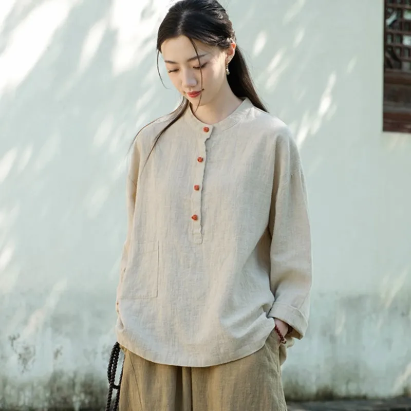 Johnature женские винтажные льняные футболки-стойки с длинными рукавами ...