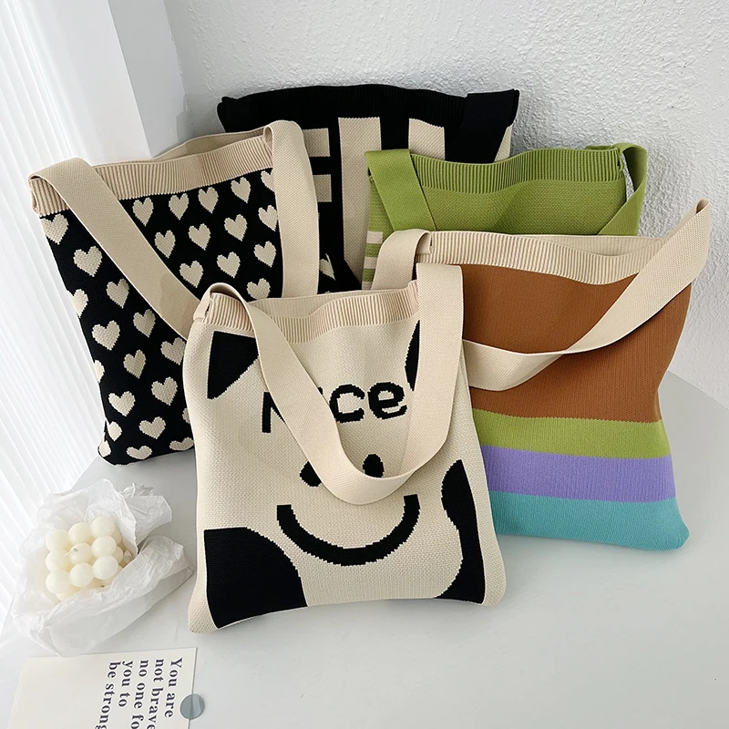 

Korean knitting Women Shoulder Bag Female Student Tote Shopper Bag 2023 Large Fashion Ladies Hand Bags Bookbag Woman Handbags