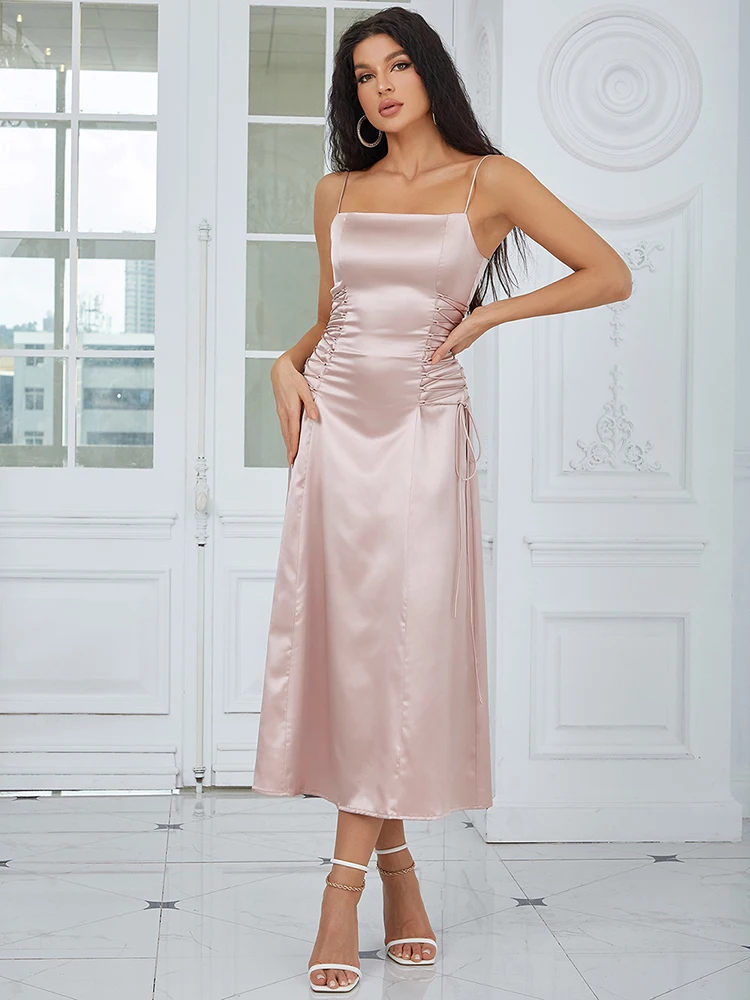 

Sexy Spaghetti Strap Lace up Midi Silm Dress Summer Khaki Sling Tie Sleeveless Backless Dress Women Elegant Evening Club Party