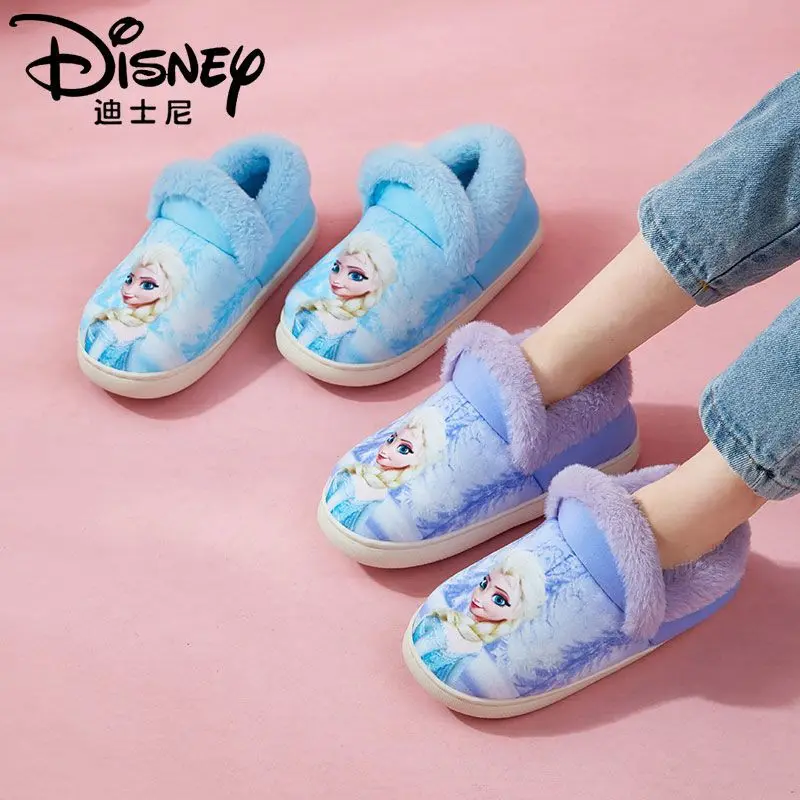 Disney Princess Elsa Children's Heel Cotton Slippers Girls' Frozen Home Non slip Warm Baby Cotton Casual Pink Purple Shoes
