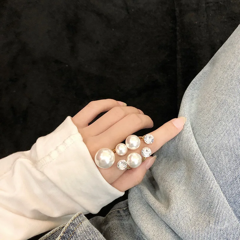 

Exaggerated Geometric Pearl Inlaid Diamond Open Ring, Feminine Fashionable Personality, Cold Ins Style Jewelry