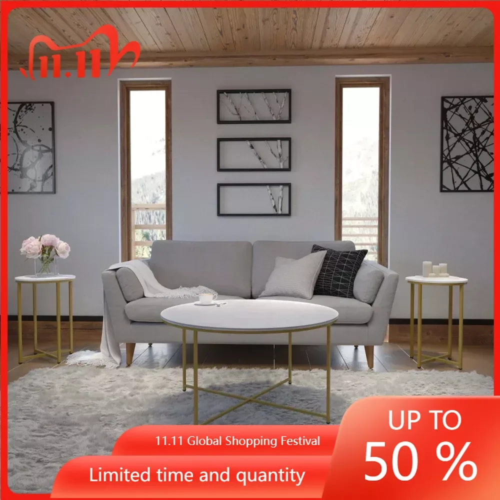 

Hampstead Contemporary Coffee and End Tables Table Set White Marble/Brushed Gold Tea Table Combination Furniture Cafe