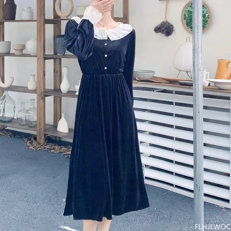 

Женское винтажное бархатное платье, элегантное приталенное платье во французском ретро-стиле с воротником «Питер Пэн», Черное длинное платье на осень-зиму