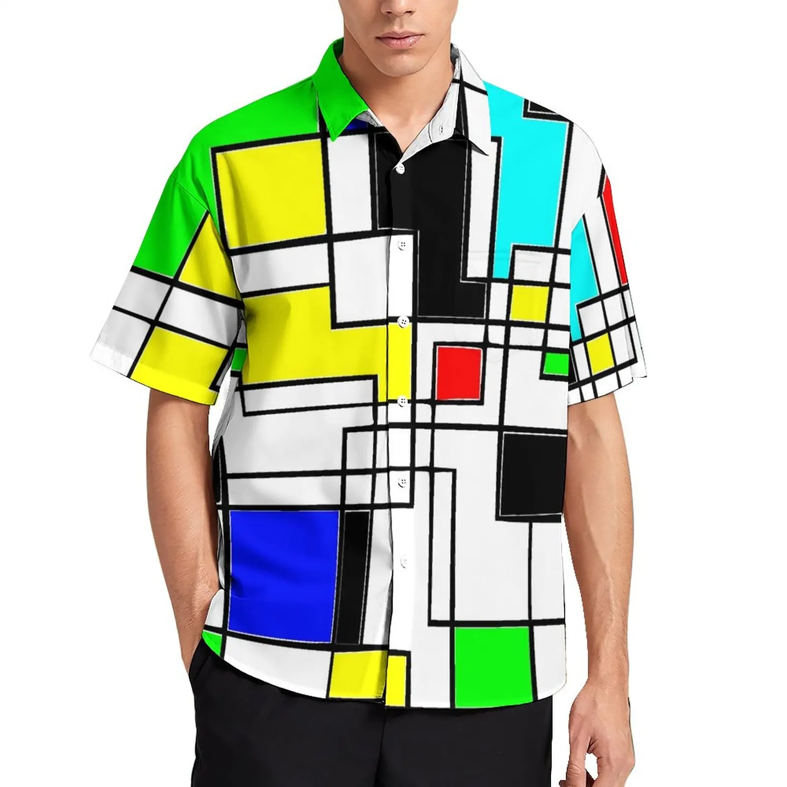 

De Stijl Print Casual Shirts Random Squares Vacation Shirt Hawaiian Aesthetic Blouses Man Graphic Plus Size 4XL