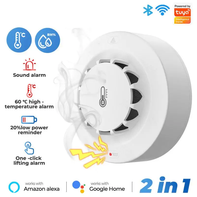 

Tuya Wifi Smoke Detector Voice Control 2.4ghz Thermohygrometer Low Battery Reminder Temperature And Humidity Sensor 2 In 1 120ma