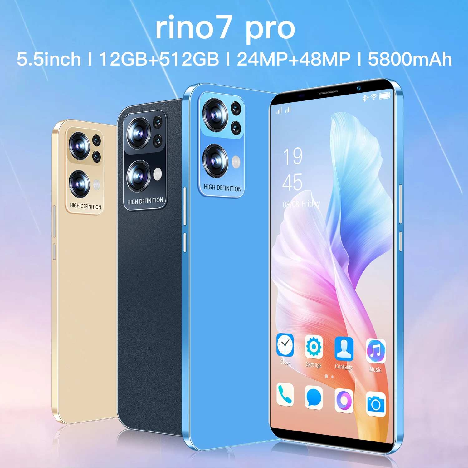 Смартфон Rino 7 Pro телефон с экраном 5 дюйма HD Full Screen 12 Гб ОЗУ 512 ПЗУ разблокированный