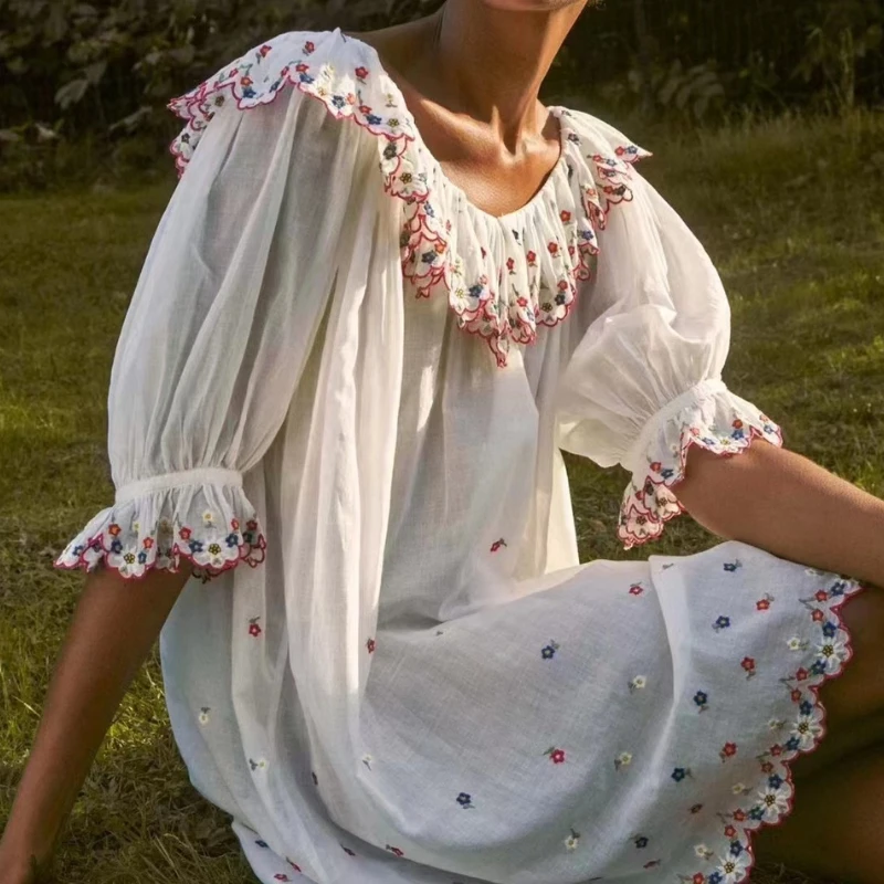 

2023 New arrival Cotton Sweet Spring Summer Pullover Ruffled Hand Embroidery Flouncing Woman Mini Dress