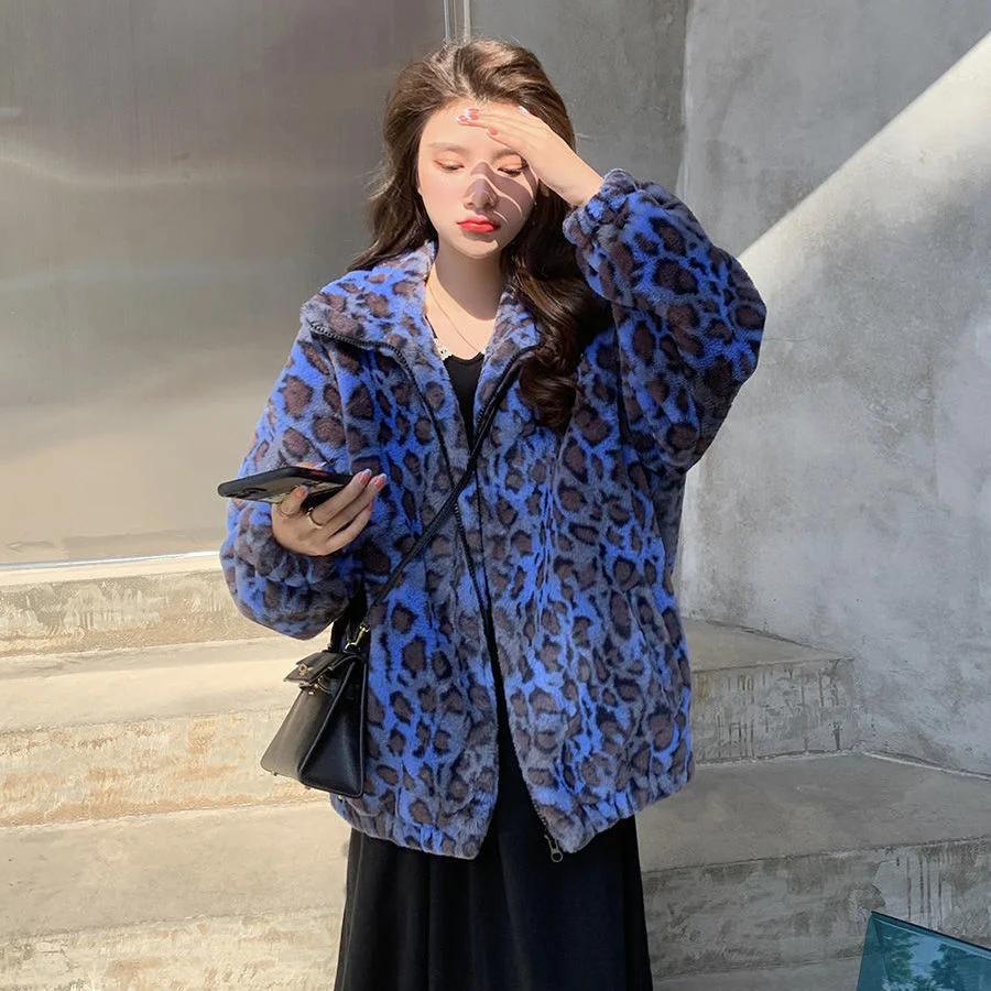 Winter warm blue leopard lamb plush coat Women korean loose turtleneck Fluffy faux fur coat thick jackets