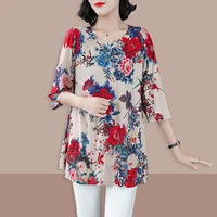 6xl big size women clothing casual t shirts 34 sleeve o neck loose spring summer flower vintage female oversized midi top 2022