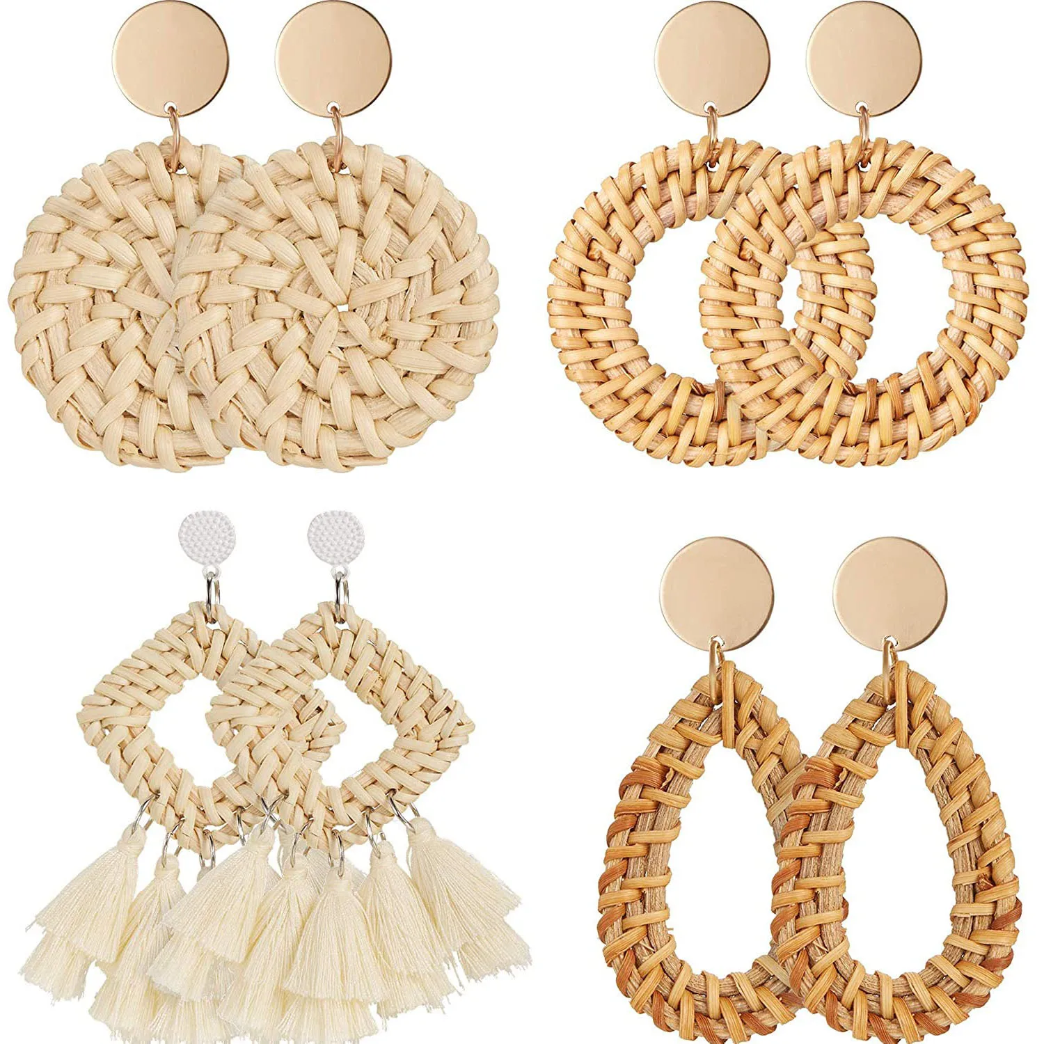 

1 Pair of Rattan Earrings Lightweight Geometric Fringe Braided Boho Earrings Handmade Straw Wicker Hoop Drop Earrings for Girls