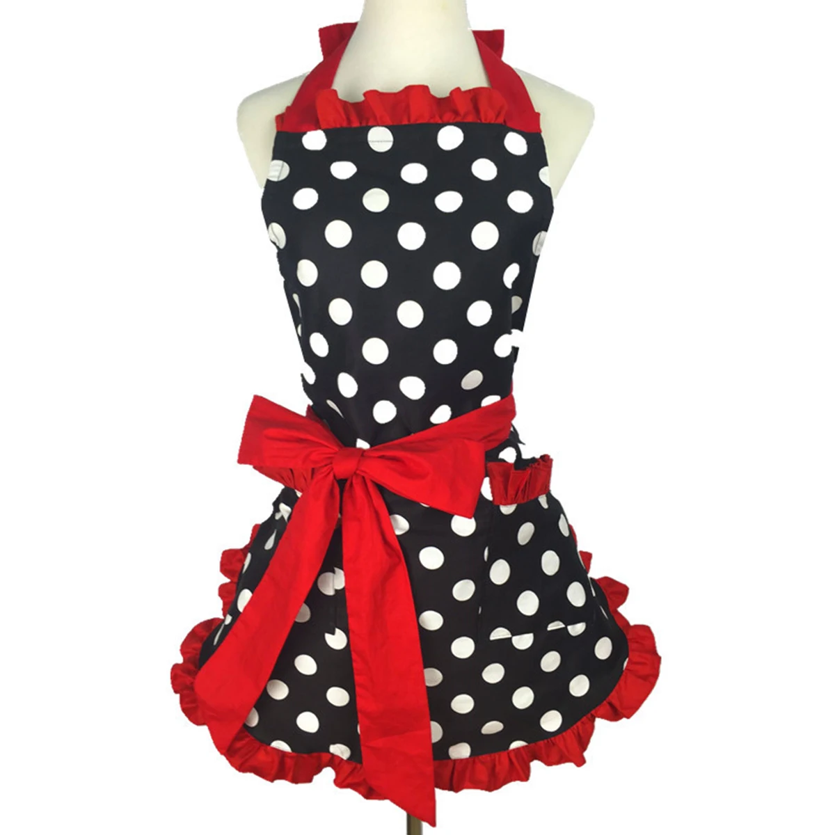 

Fashion Kitchen Aprons For Woman Men Chef Cute Retro Polka Dot Aprons Ruffle Side Cooking Aprons with Pockets