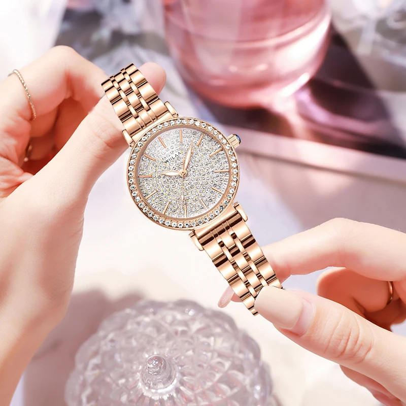 WIILAA Luxury Rose Gold Watches For Women Fashion Full Diamond Creative Quartz Bracelet Wrist Watch Clock Gift Relogio Feminino