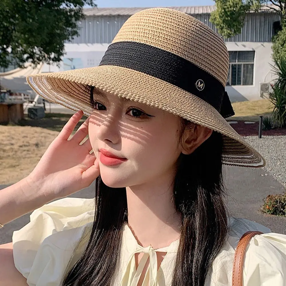 

Outdoor Holiday Bowknot Ribbon Sun Visor Cloth Flat Hat Handmade Sunscreen Sun Hat Weave Sun Cap Top Hat Straw Hat