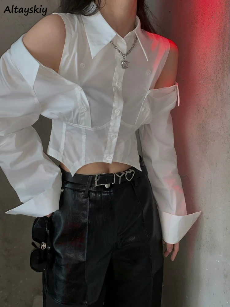 

Рубашка женская с открытыми плечами, ажурный элегантный уличный Топ с длинным рукавом, винтажный укороченный топ в стиле Харадзюку, модная ...