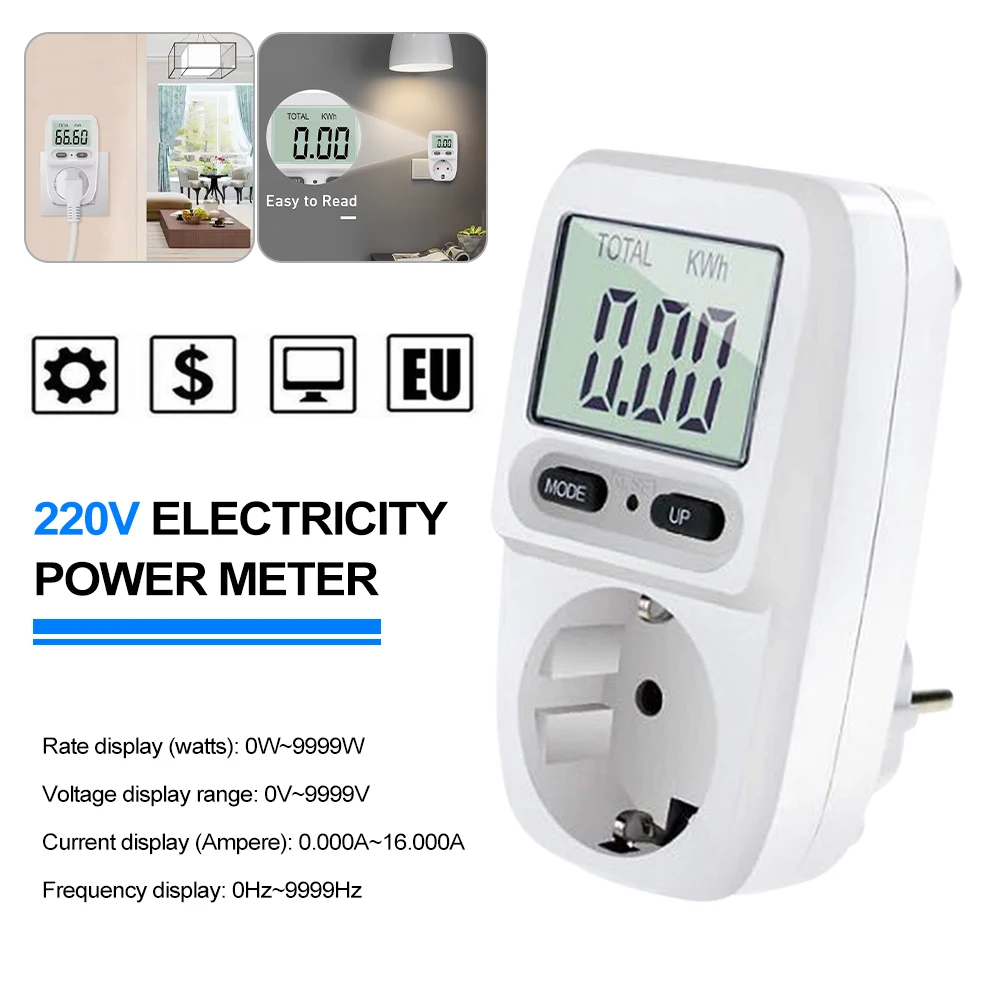 

220V Digital LCD Power Meter Wattmeter Socket Energy Meter Kwh Voltage Current Frequency Electricity Monitor EU Plug
