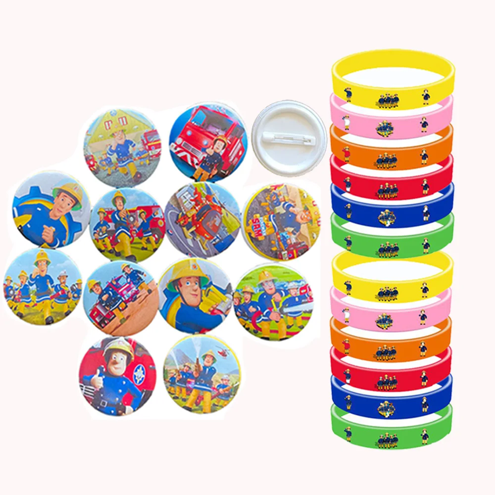 

Sam Firefighter Fire Truck Bracelets Rubber Wristbands Silicone Wrist Bands Tinplate Badge Birthday Party Firemen Decorations