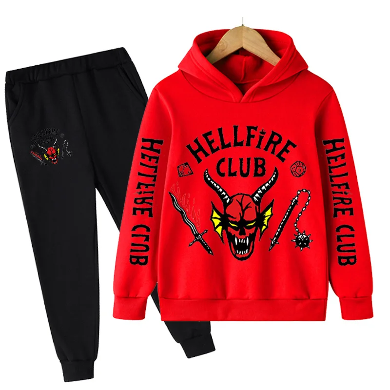 

4-14 Years Kids Clothes Boys Girls Stranger Things 4 Hellfire Club Hoodies Suit Tops Pants 2 Piece Set Cartoon Casual Outfits