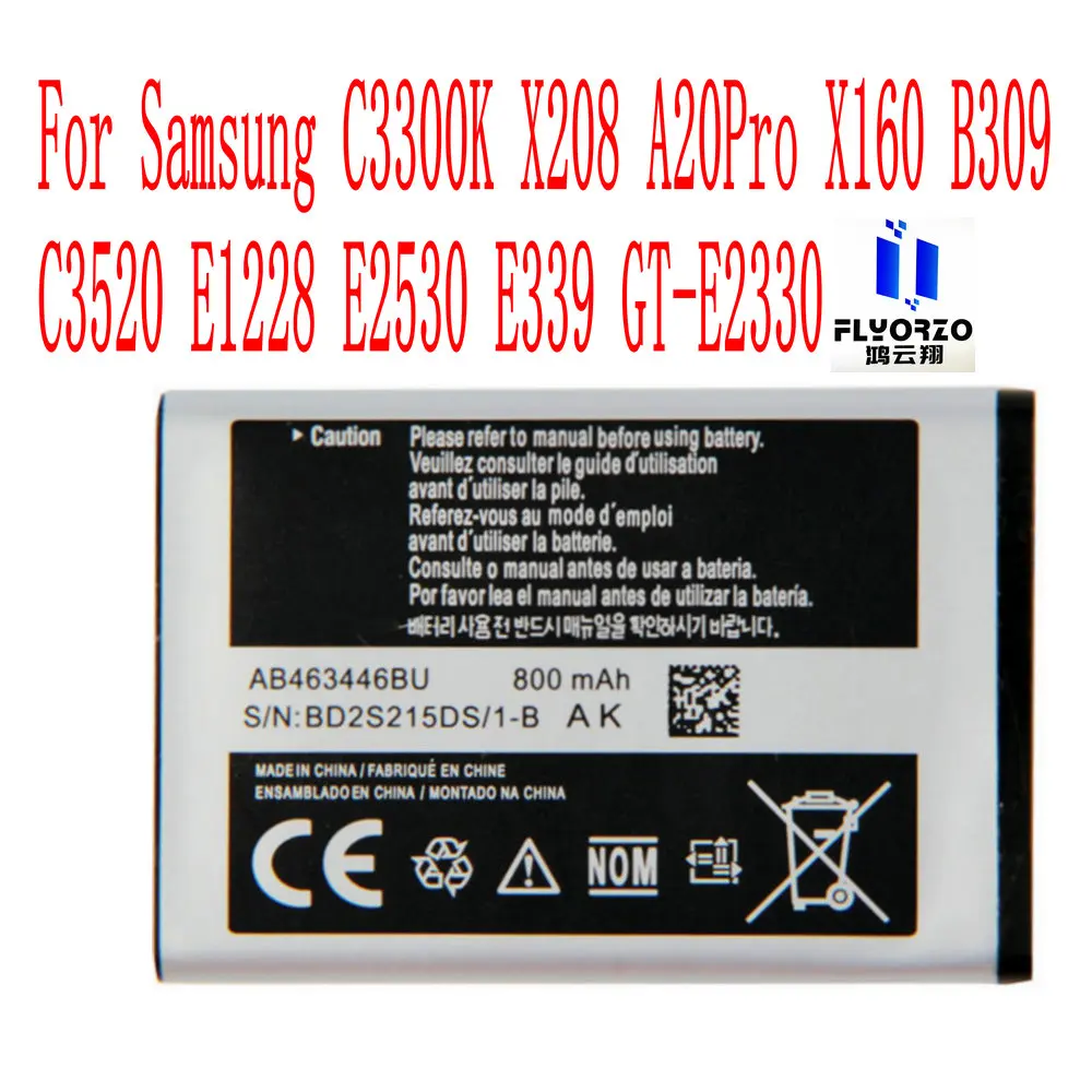 

High Quality 800mAh AB463446BU Battery For Samsung C3300K X208 A20Pro X160 B309 C3520 E1228 E2530 E339 GT-E2330 Mobile Phone