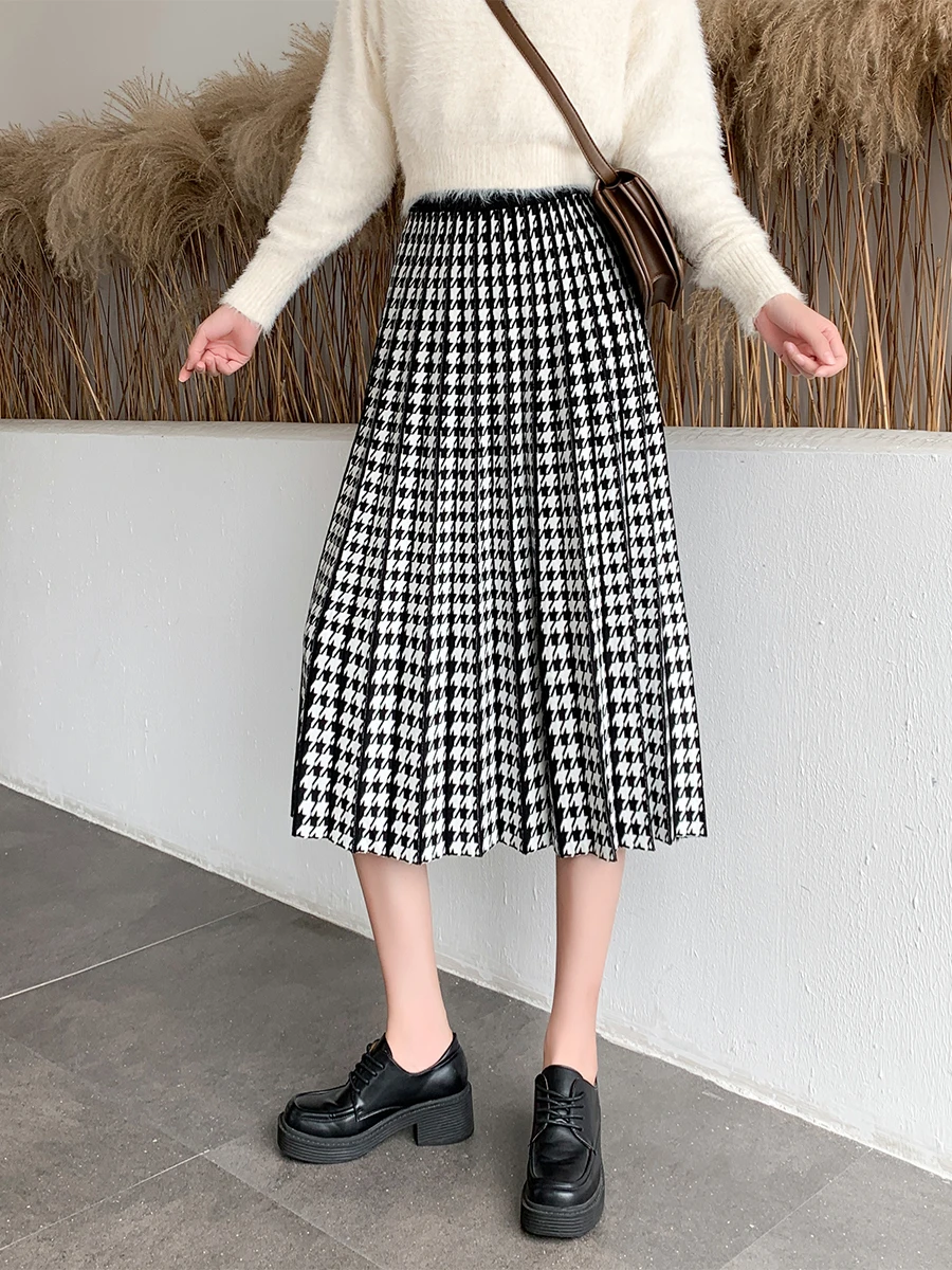 

Knitted Plaid Pleated Skirt Woman Autumn Winter High Waist Vintage Houndstooth Swing A-line Midi Skirt Faldas Mujer Moda 2022