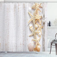 seashells shower curtain starfish marine in vertical direction wood surface ocean beach nautical print cloth fabric