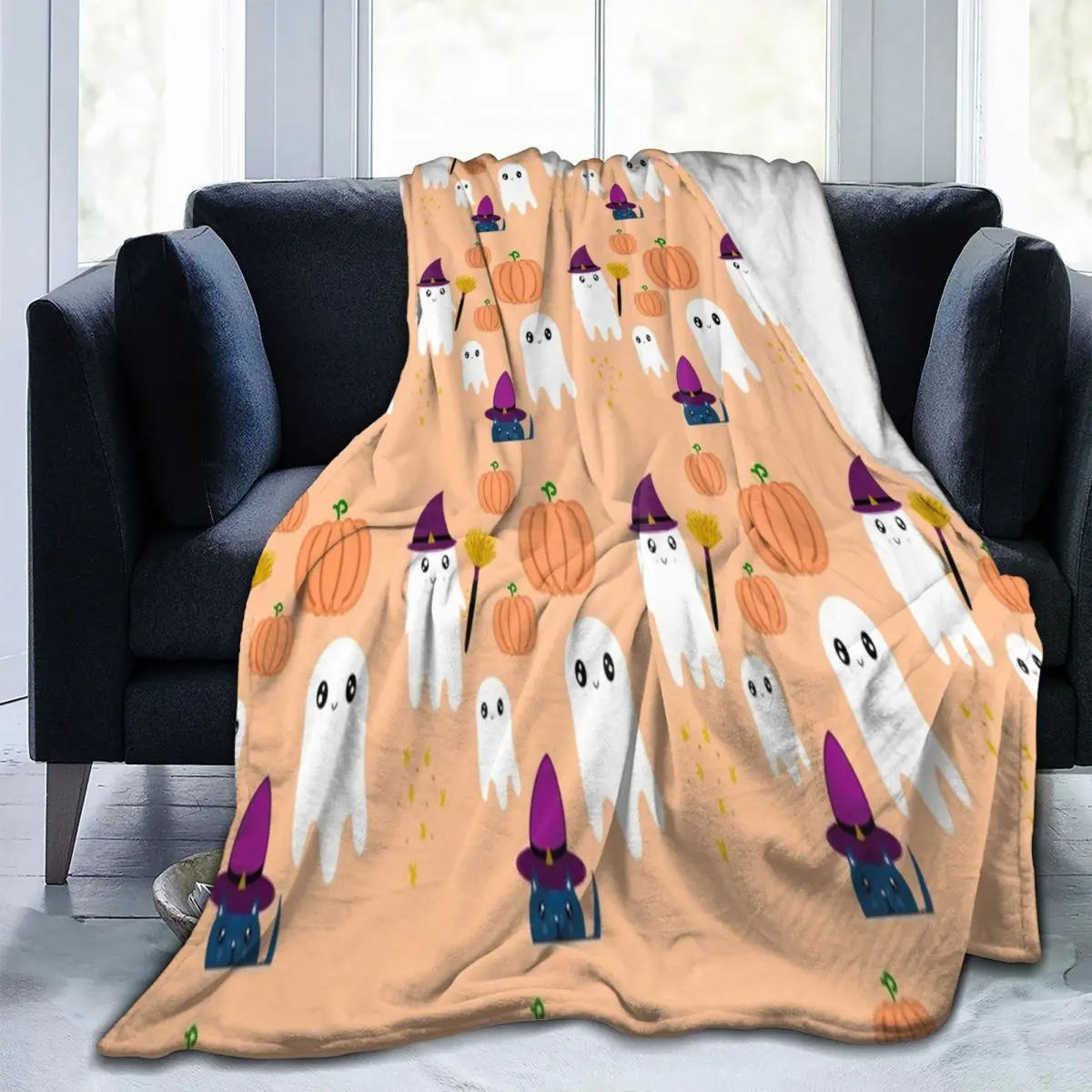 

Cute Halloween Pumpkin Ghost Blanket Velvet Printed Happy Portable Super Soft Throw Blanket for Home Travel Bedding Throws