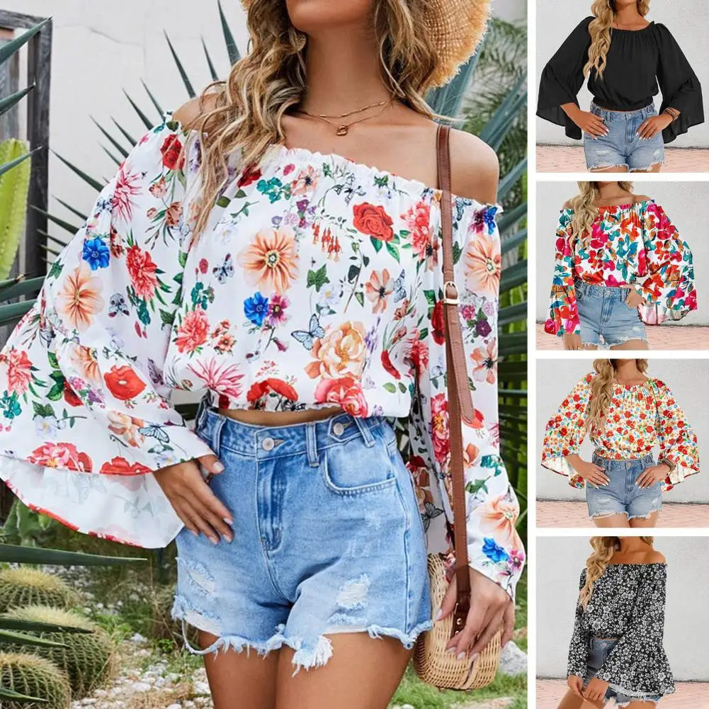 

Women Top Off Shoulder Pleated Flower Print Long Flared Sleeve Women Shirt Horn Sleeve Loose Patchwork Shirring Lady Shirt
