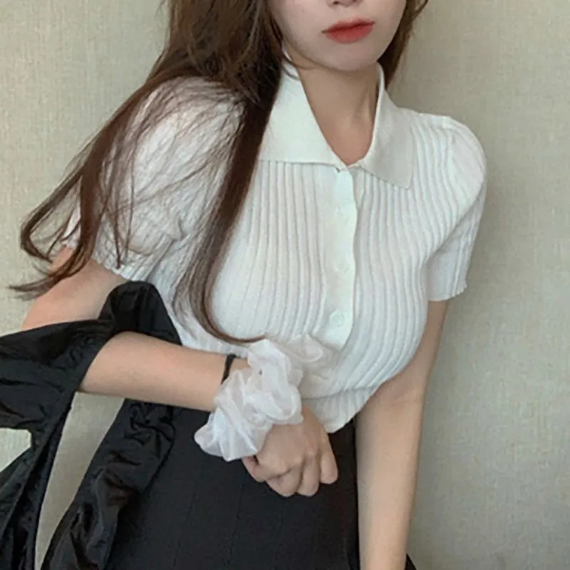 

Женская футболка с коротким рукавом и отложным воротником, белая или синяя трикотажная простая футболка для девушек в колледже, летняя обле...