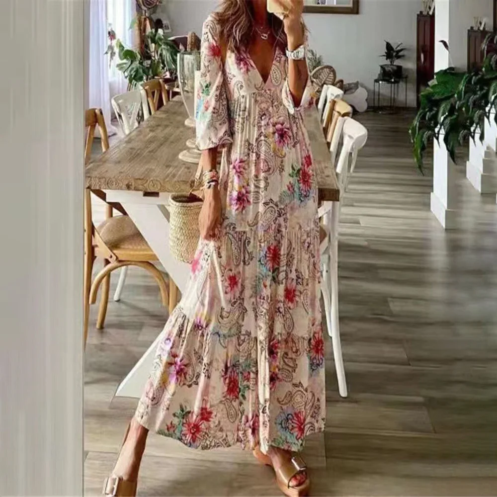 

Женское шифоновое платье с V-образным вырезом и цветочным принтом