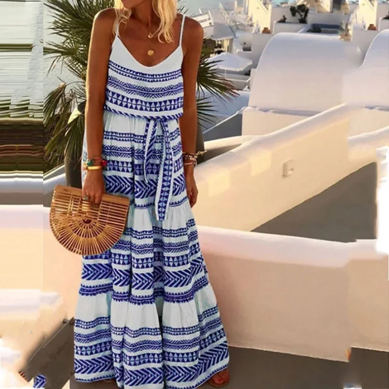 

Летнее женское повседневное богемное платье на бретельках, Модное Длинное Платье с принтом Patterm 2023, сексуальные женские платья с глубоким V-образным вырезом и поясом