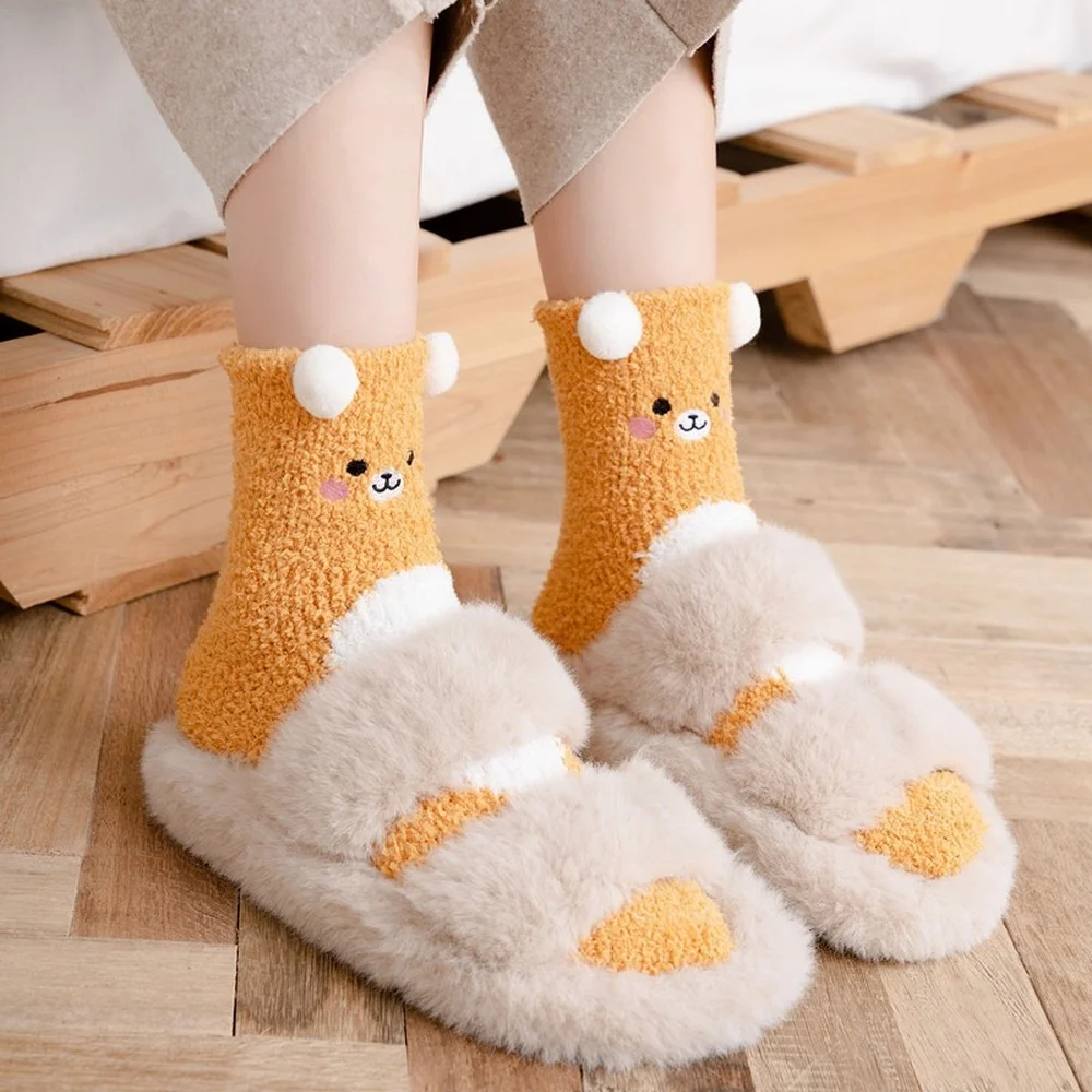 5 Pairs New Cute Pet Animal Women Home Floor Socks Cartoon Embroidered Coral Fleece Socks Fuzzy Cat Dog Sleeping Socks