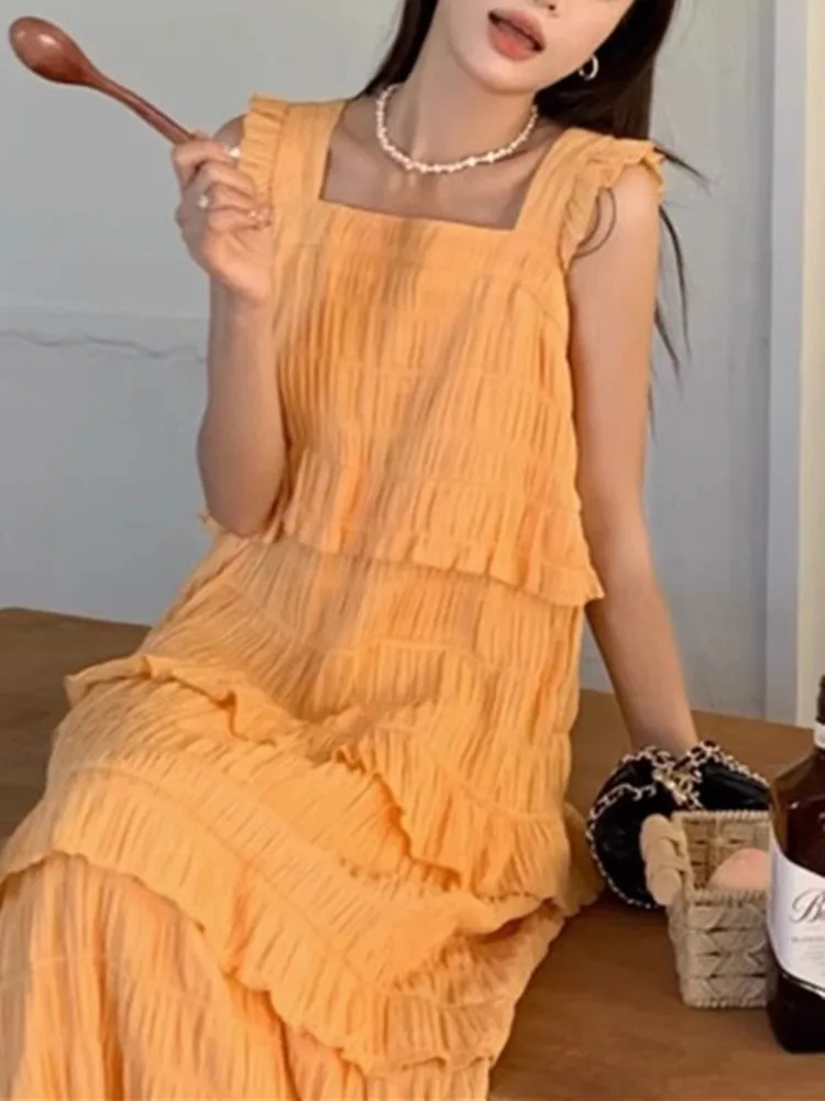 

GUUZYUVIZ Summer Square Collar Splice Ruffles Sleeveless Dress For Women Casual Loose Spaghetti Strap Female Long Dress