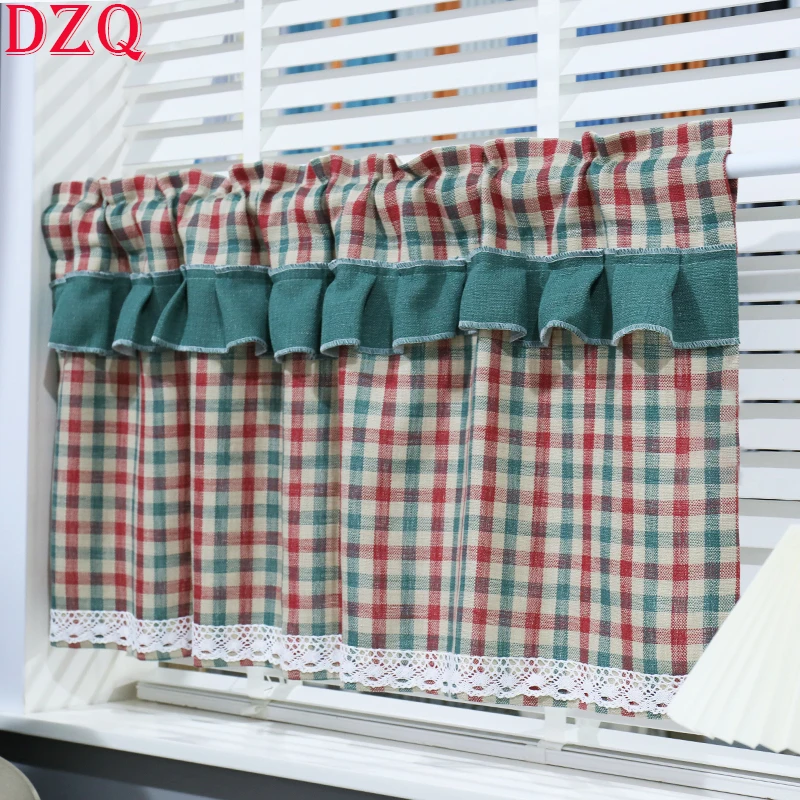 

Linen and Cotton American Retro Lattice Rod Pocket Short Curtains Rural Plaid Lace Half Curtains Cloth Kitchen #A225