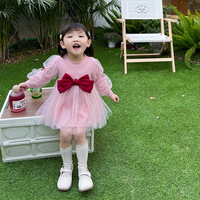 New Kids Bow Mesh Princess Dressss For Girls Spring Girl Dress Child Baby Sweet Princess Dress Designer Dress Baby Girl Clothes