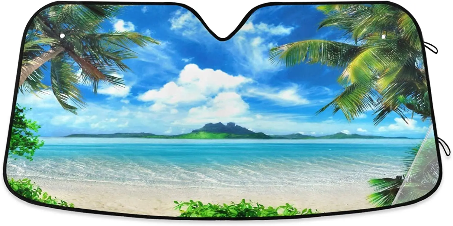 

Summer Tropical Palm Trees Car Windshield Sun Shade Forest Beach Sky Sunshade Blocks UV Rays Protector Keep Your Vehicle Cool Su