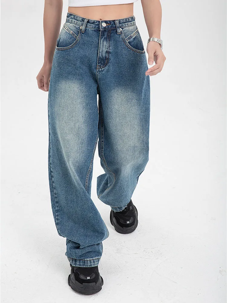 

Women Washed Jeans High Waist 2022 Autumn Winter Fashion Streetwear Straight Wide Leg Pants Loose Casual Female Denim Trousers
