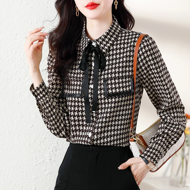 

Женская блузка с принтом «гусиная лапка», элегантная рубашка в Корейском стиле, офисные топы с бантом, весна-осень 2023