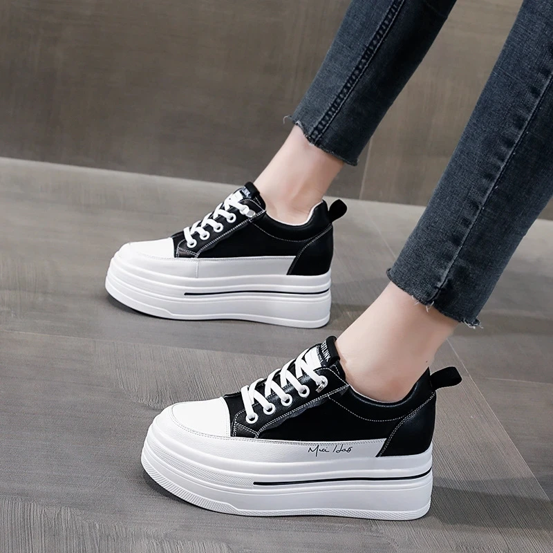 2023 New Fashion 7cm New Genuine Leather Women Sneakers Chunky Platform Wedge Breathable Summer Vulcanize Hidden Heels Shoes