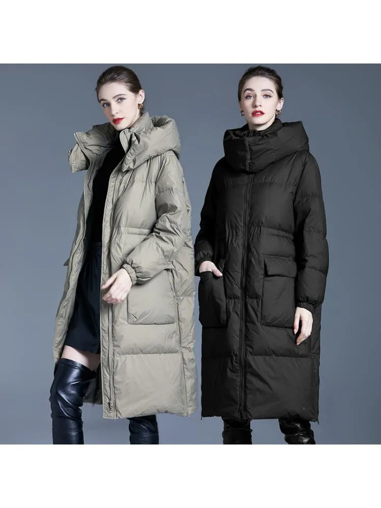 2022 Winter New Long Thicked BlackLoose Padded Bread Clothing Hooded 90 White Duck Down Coats Women Warmer Jackets