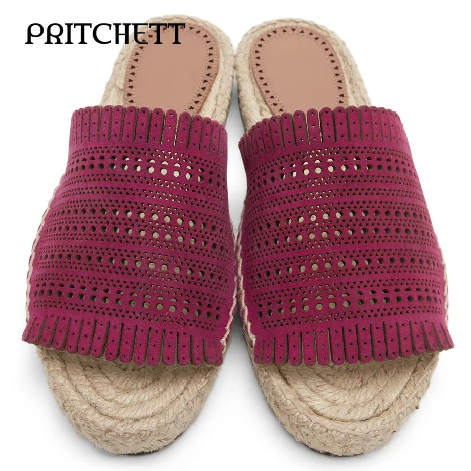Black Suede Openwork Flat Sandals Open Toe Round Toe Woven Midsole Pink Slippers Fashion Hollow Fringe Edge Casual Slippers