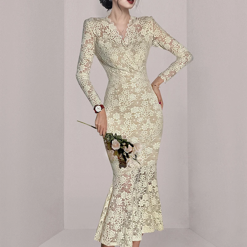 

Роскошное женское вечернее платье с длинным рукавом 2022 корейское платье с высокой талией трапециевидные весенне-осенние платья женские элегантные кружевные приталенные пикантные платья с V-образным вырезом
