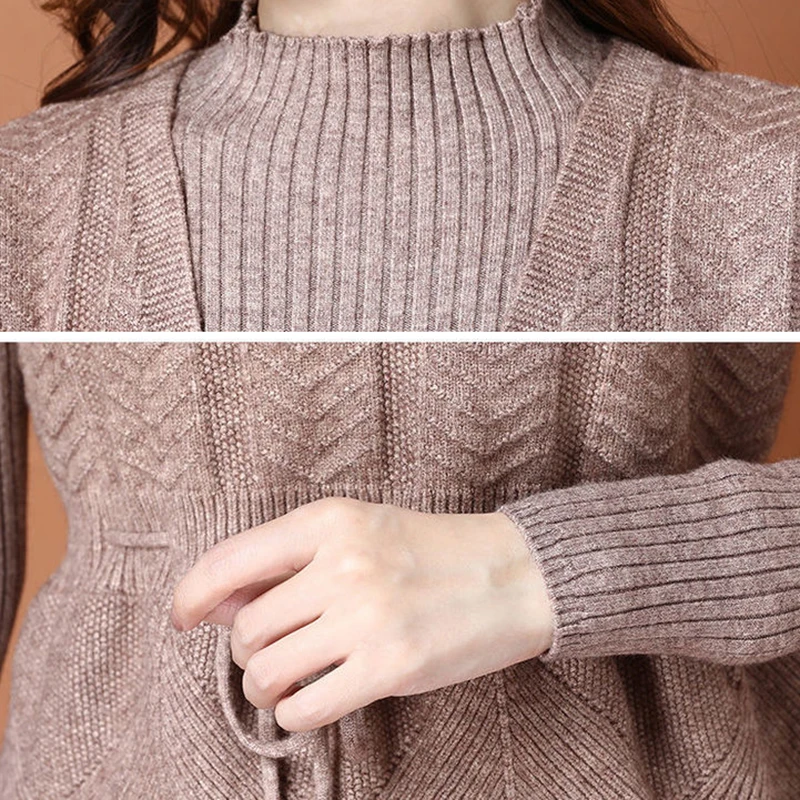 Women Vintage Knitted Dress 2 Peice Set Autumn Winter Warm Slim Waist Pullover Vest+Long Sleeve Midi Dress Suit Plus Size 3xl