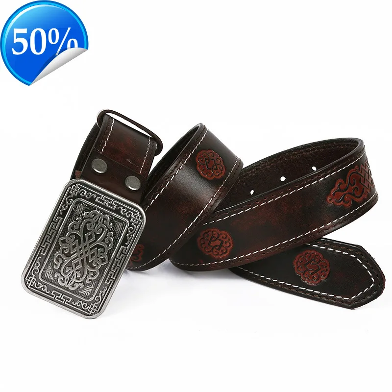 Chinese pattern Cowboy Smooth Buckle Belt GenuineMen's Belt Ceinture Homme Yellow Belt Male Wide Jeans Men Genuine Leather Belt