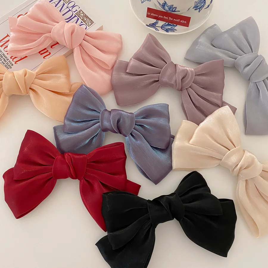 

High Quatity Solid Color Big Bow Hairpins For Girl Popular Hair Clip For Women Sweet Two-layer Satin Hairgrip Hair Accessories