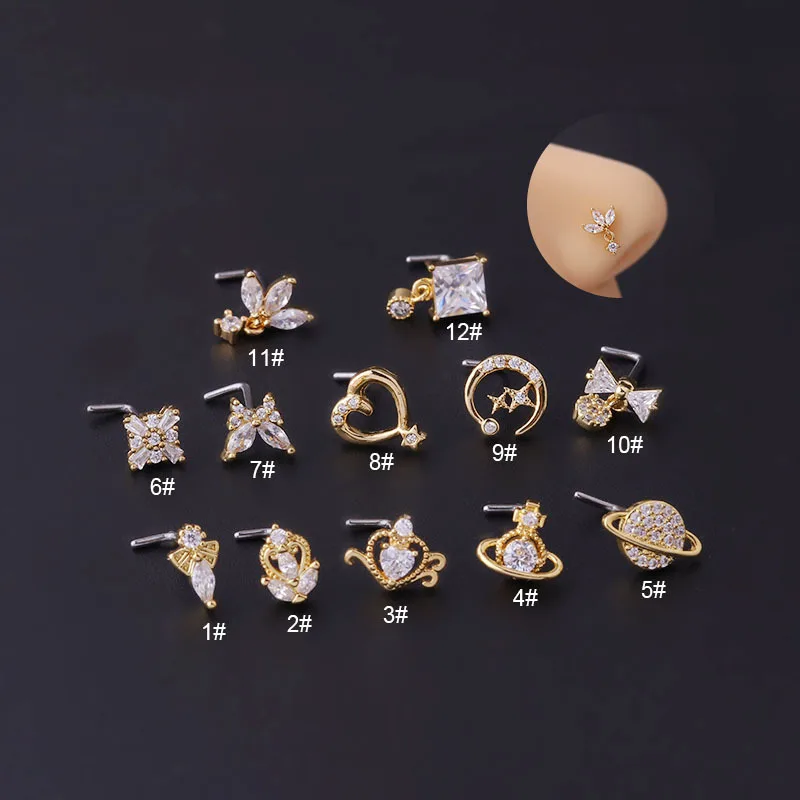 

New 1Piece Fashion Gold Color 20G Surgical Stainless Steel L Shape Screw Nose Studs Cz Dangle Nose Rings Nose Piercing Jewelry