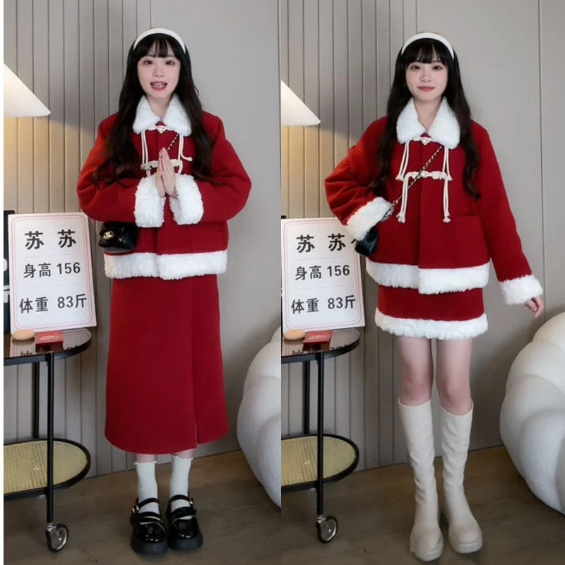 

Осенне-зимний Рождественский новогодний халат, красный костюм, юбка средней длины, короткая юбка, плотное пальто, модные комплекты из двух п...