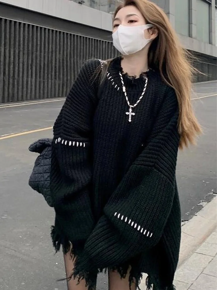 

HOUZHOU Gothic Emo Grunge Black Sweater Women Punk Streetwear Oversize Pullover Jumper Female Hip Hop Harajuku Winter Warm Tops